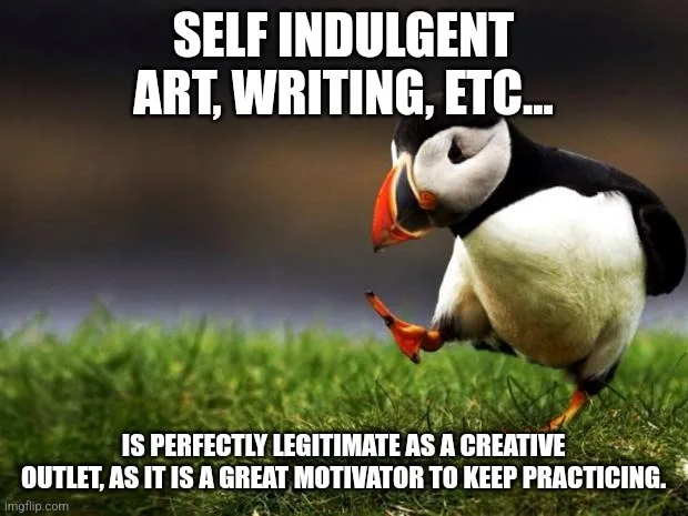 A penguin stands on grass, looking down with one foot lifted, as if contemplating. White bold text at the top reads 'SELF…