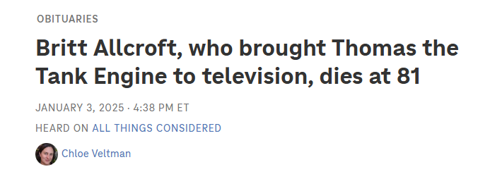 A screenshot of a news obituary headline from 'All Things Considered' dated January 3, 2025, announcing the death of Britt…