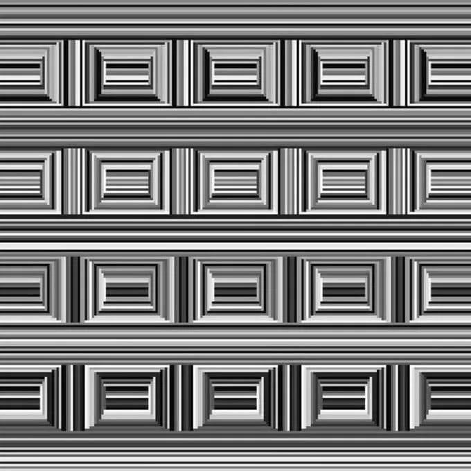 The image is a black-and-white optical illusion featuring a repeating pattern of rectangular frames with horizontal stripes…