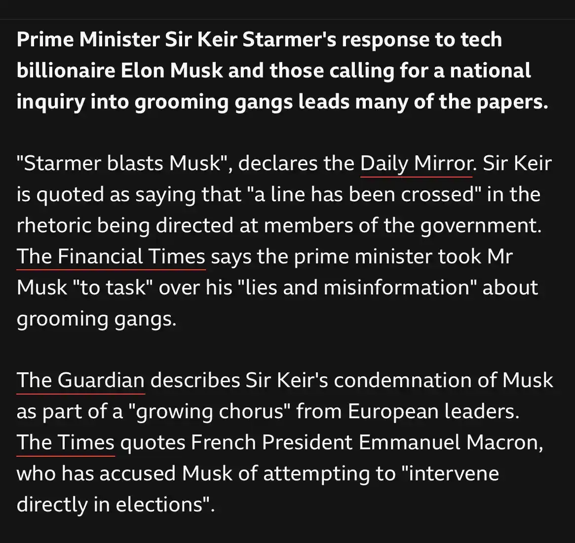 The image displays a black background with white text, presenting a compilation of newspaper headlines and quotes from UK…