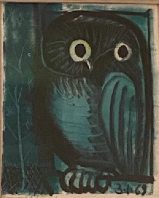 A stylized, dark teal and black illustration of an owl perched on a branch, with large round eyes and a date '3.4.69'…