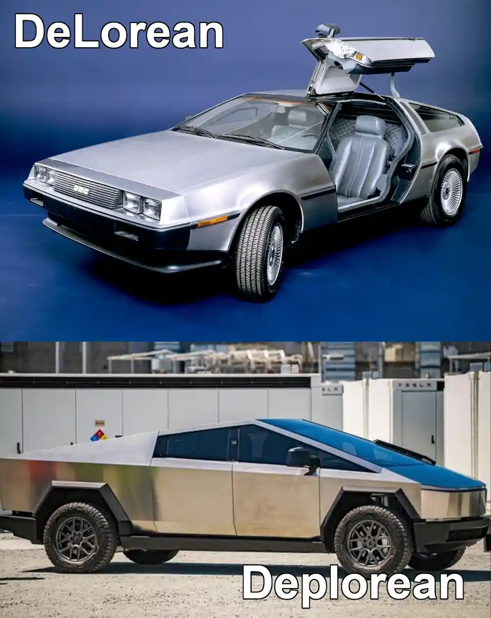 The image displays two cars stacked vertically. The top car is a silver DeLorean with gull-wing doors open, labeled…