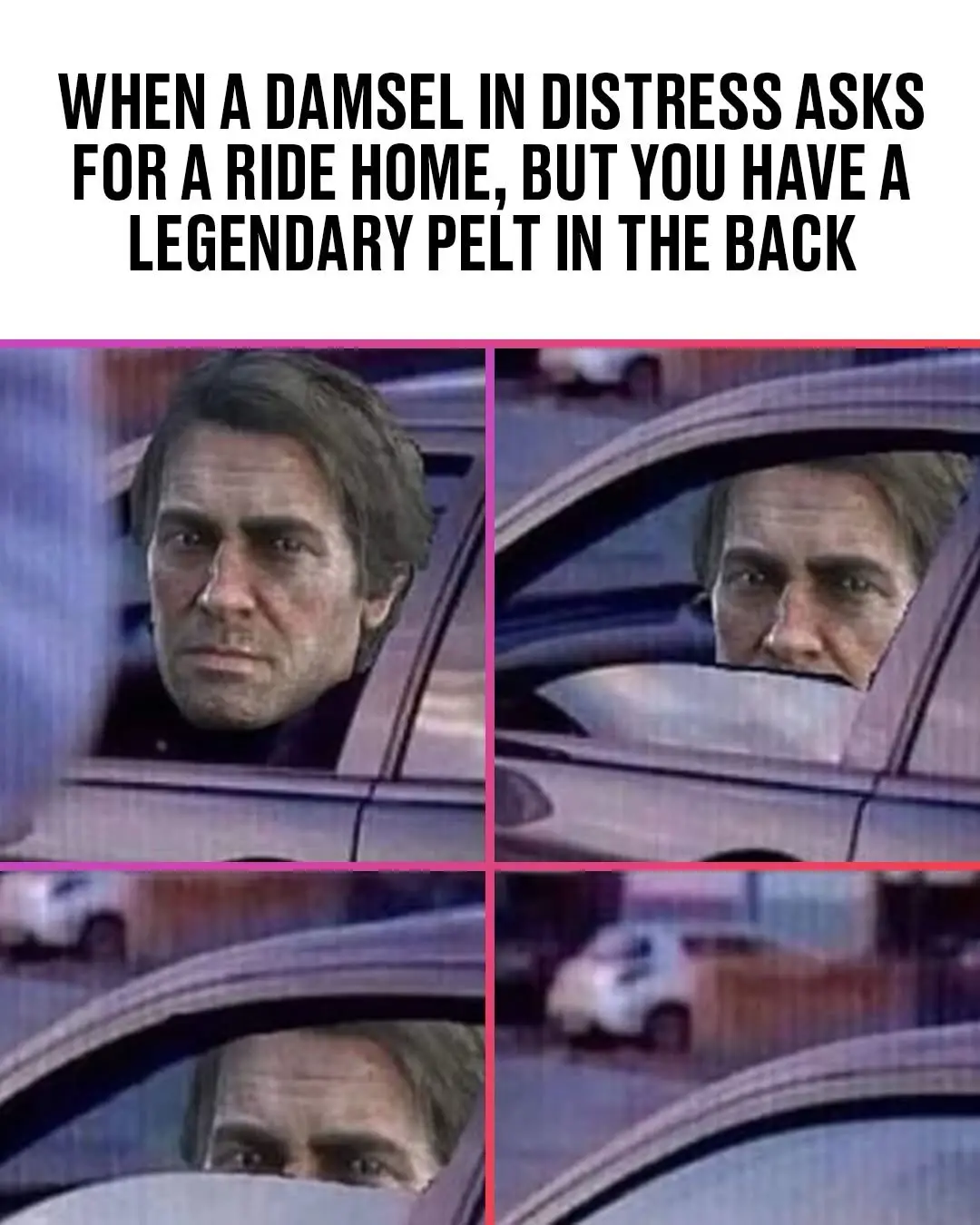 The image shows four panels of a man in a car, his expression shifting from neutral to increasingly intense and focused. The…