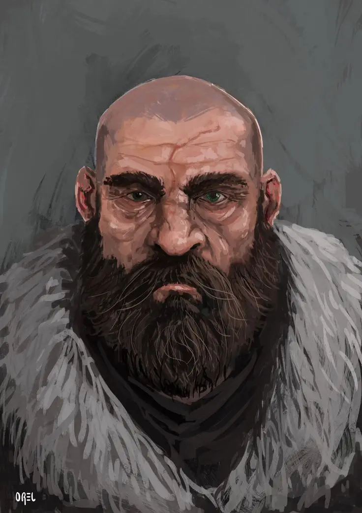 A digital painting of a stern, bald man with a thick beard and intense green eyes, wearing a fur-lined collar against a gray…