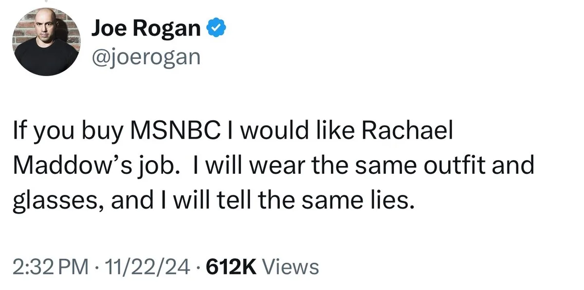A screenshot of a tweet from verified Twitter account Joe Rogan (@joerogan) showing his profile picture and the text of his…