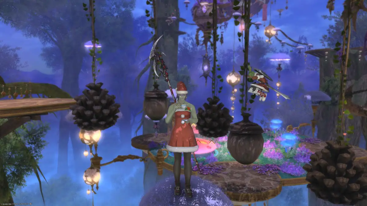 A green-skinned character in a red Santa outfit with white trim and a Santa hat stands in a whimsical, fantasy forest…