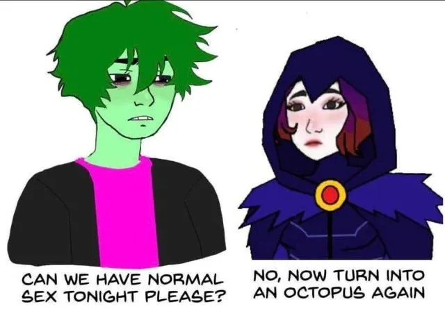 Two cartoon characters are shown side by side. The character on the left, with green skin and messy hair, asks 'CAN WE HAVE…