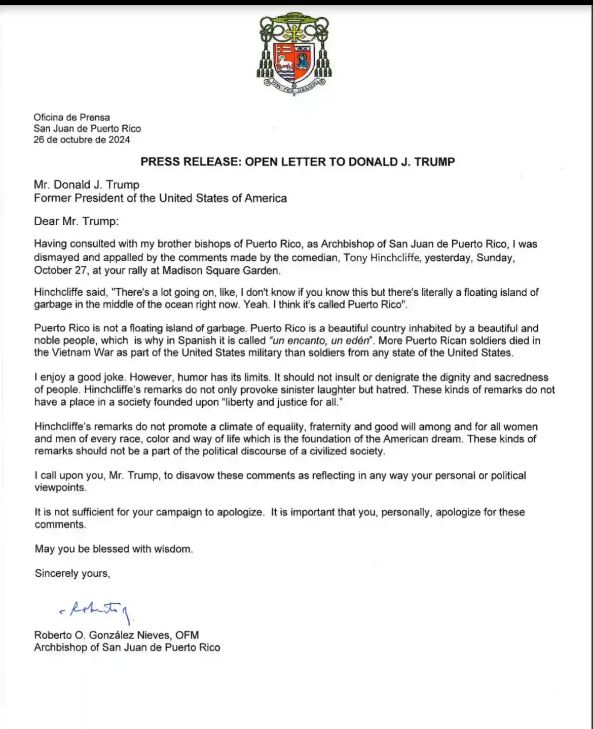 A formal letterhead document dated October 26, 2024, from the Office of the Press in San Juan, Puerto Rico, addressed to…