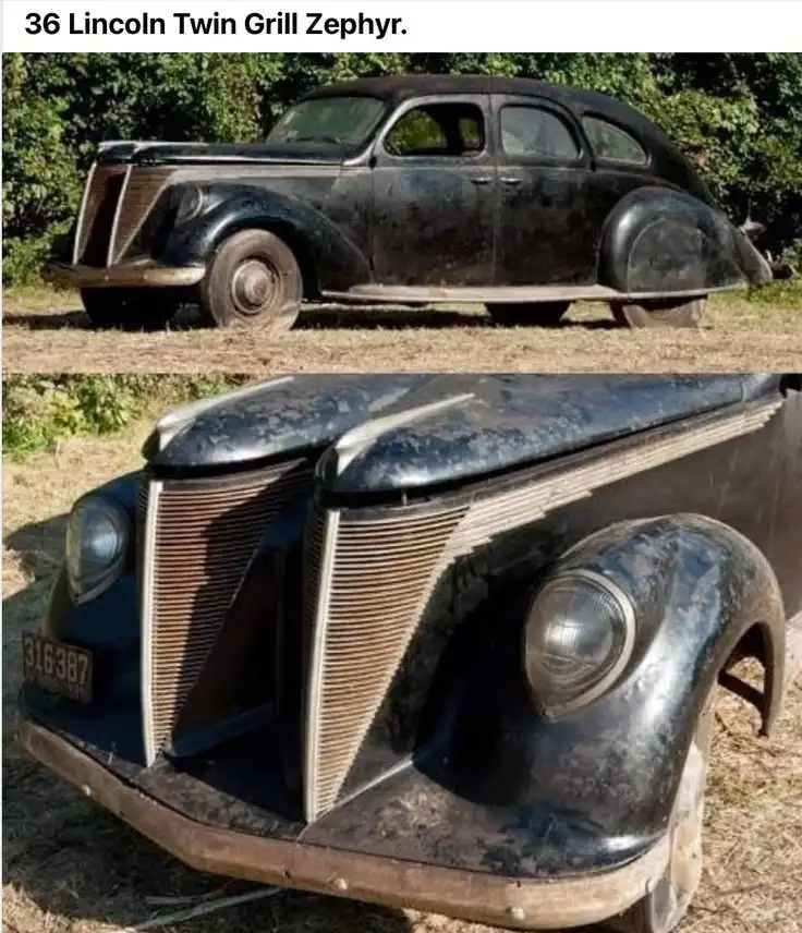 The image shows a vintage 1936 Lincoln Twin Grill Zephyr car in two views: a side profile and a close-up of the front. The…