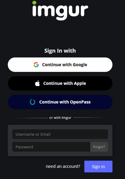 An Imgur login screen shows three sign-in options: 'Continue with Google', 'Continue with Apple', and 'Continue with…