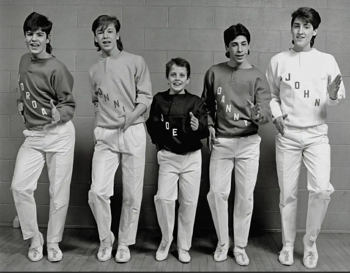 A black-and-white photo of five young boys standing in a row against a brick wall, each wearing a sweatshirt with their name…
