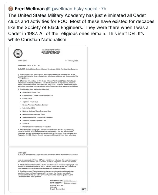 A screenshot of a tweet by Fred Wellman showing a 2025 memorandum from the Department of the Army, MACC-OCO, which lists…