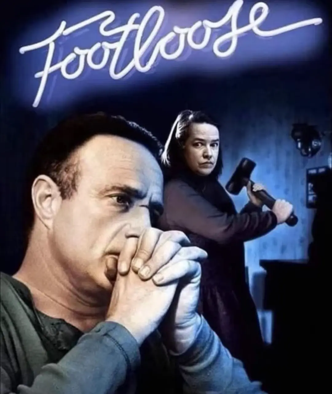 The image is a movie poster for 'Footloose' featuring a man in the foreground with his hands clasped near his mouth in a…