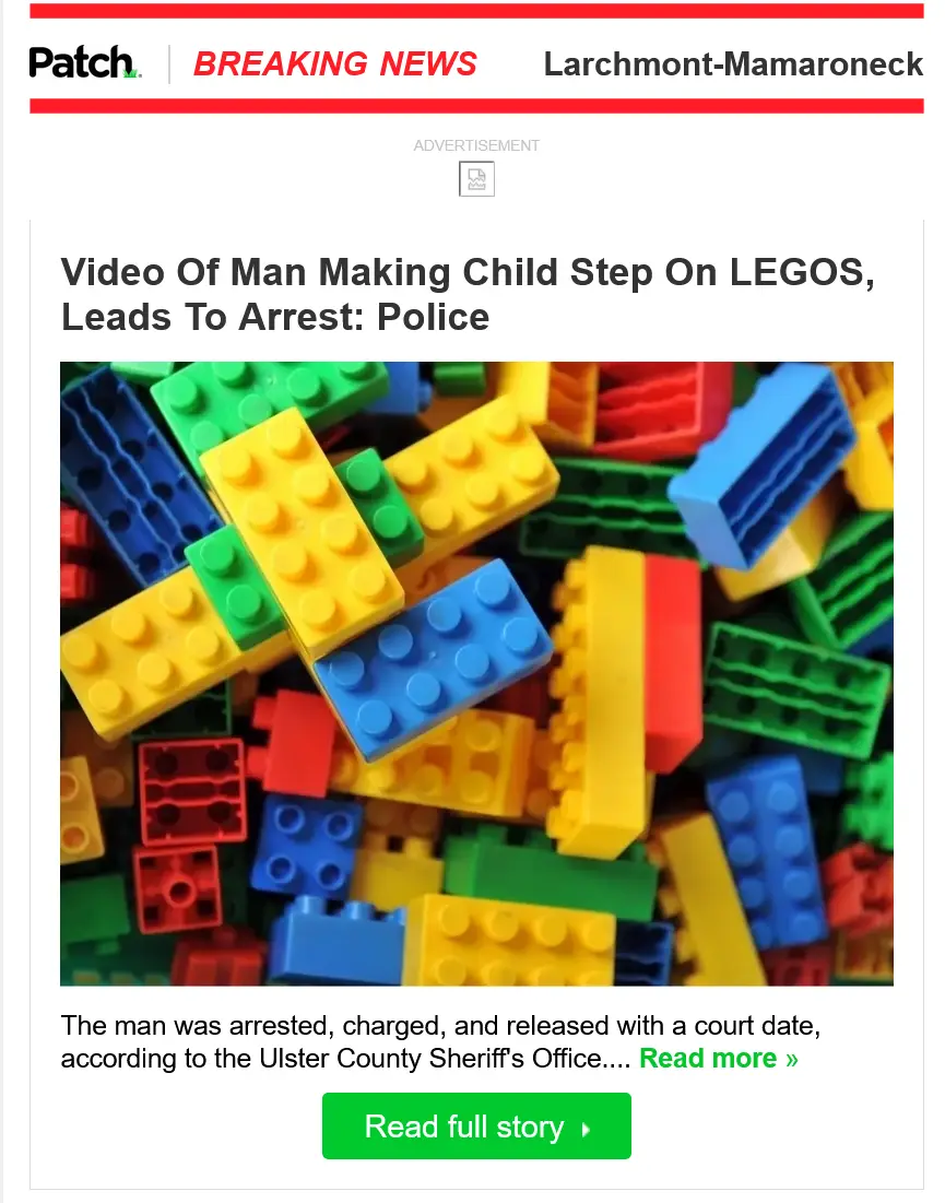 A screenshot of a Patch.com news article with a 'BREAKING NEWS' banner, featuring a photo of colorful LEGO bricks. The…