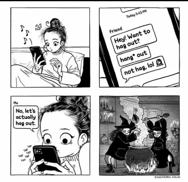A four-panel comic shows a person excitedly receiving a text message from a friend asking to 'hag out' (a typo for 'hang…