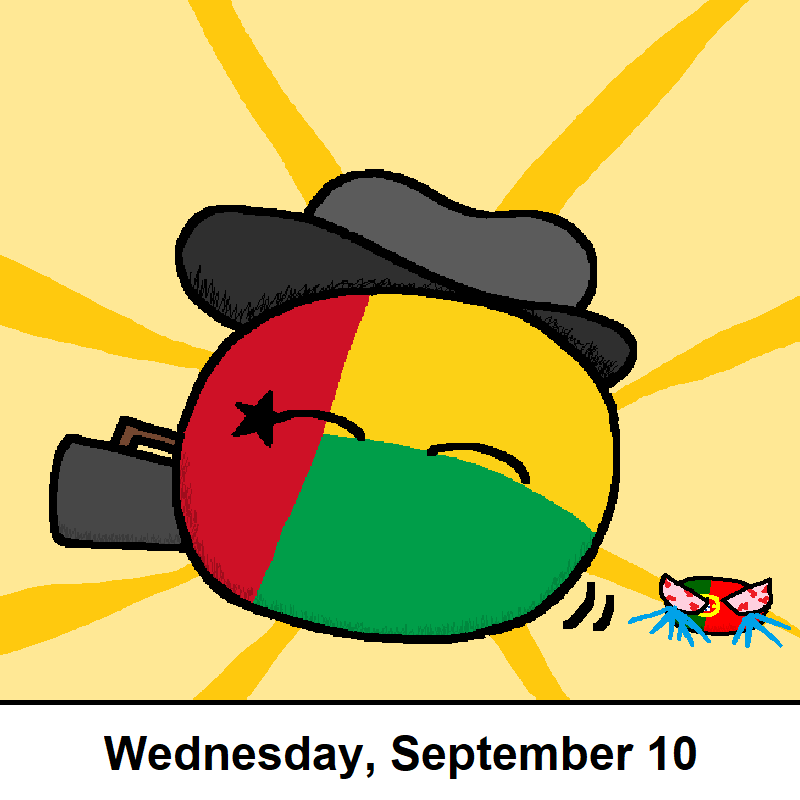A cartoon countryball representing Togo, wearing a black beret and holding a rifle, is shown sleeping peacefully with a…