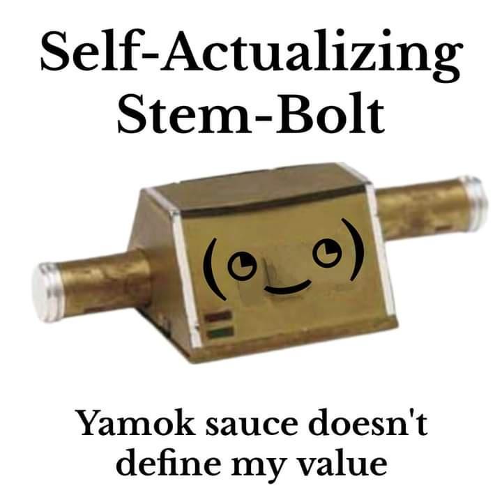 A brass-colored mechanical stem-bolt with a crudely drawn smiling face is shown against a white background. Text at the top…