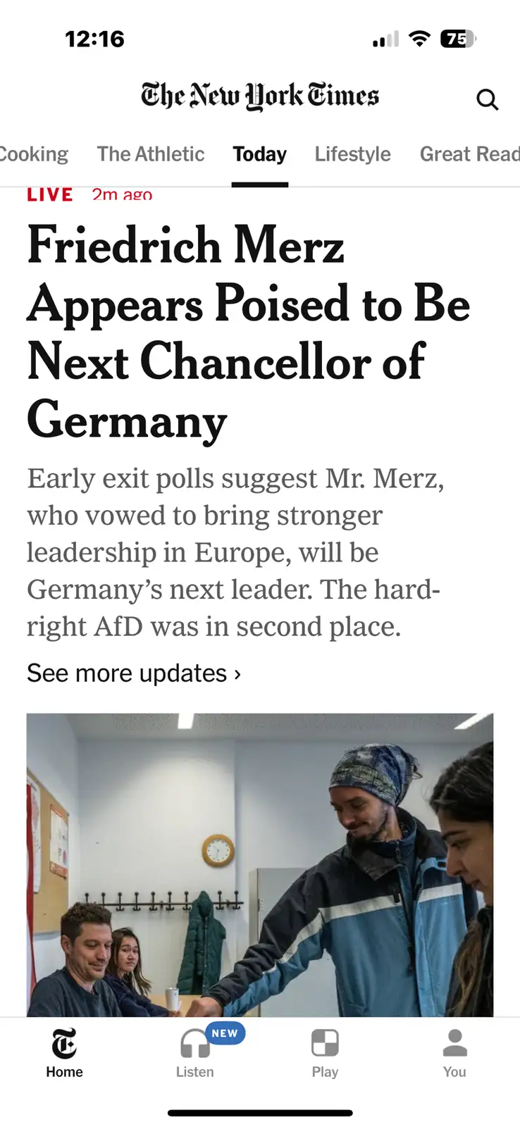 A screenshot of The New York Times app shows a headline about Friedrich Merz being poised to be Germany's next chancellor…