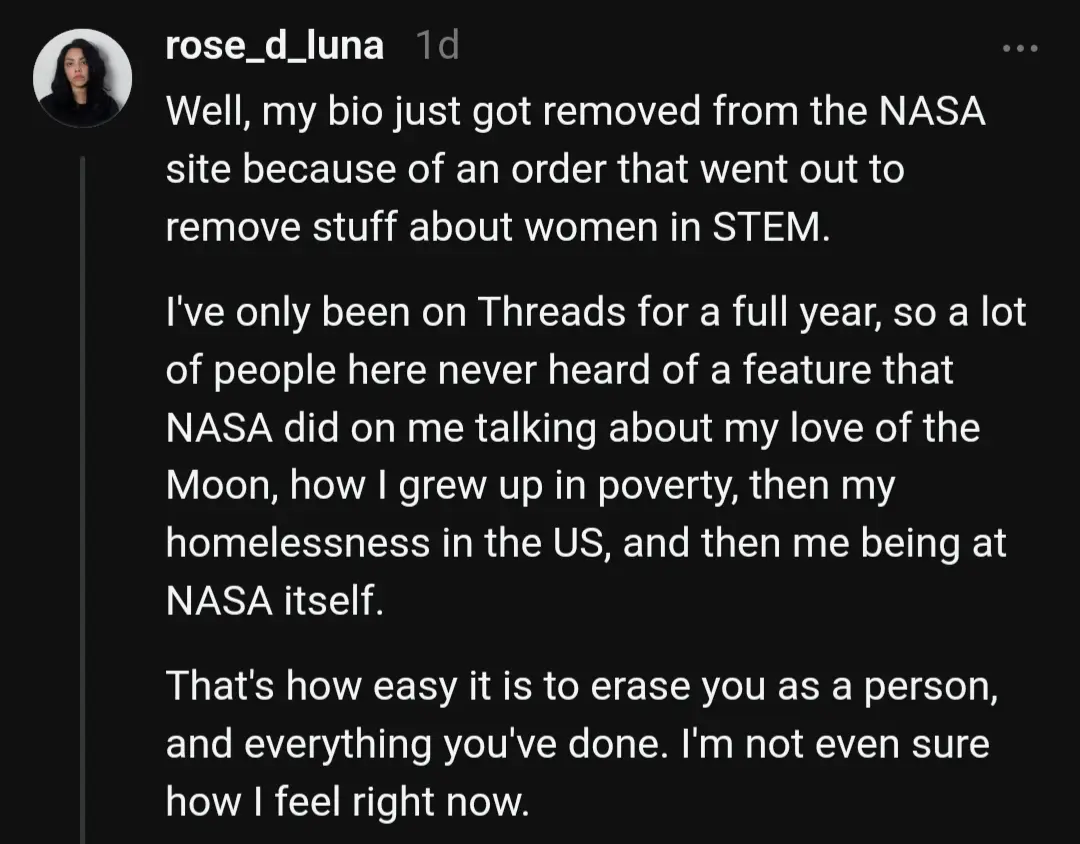 A screenshot of a Threads post by user rose_d_luna, showing a dark background with white text. The post details how her NASA…