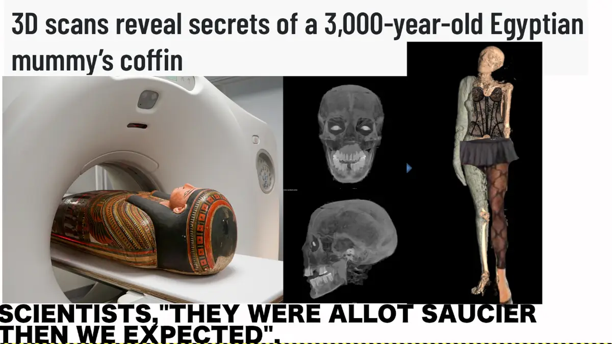 An image collage shows a decorated Egyptian mummy coffin inside a CT scanner, alongside 3D scans of the mummy's skull and…