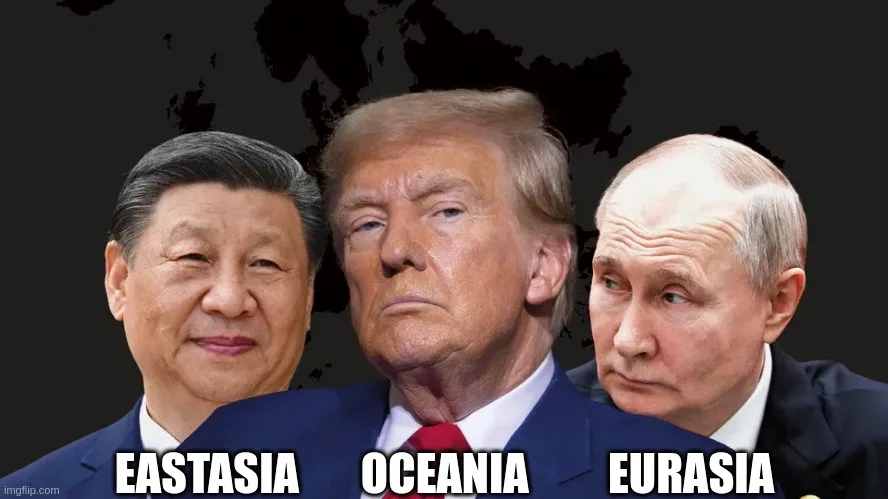 The image displays three men—Xi Jinping, Donald Trump, and Vladimir Putin—superimposed over a dark world map. Each man has a…