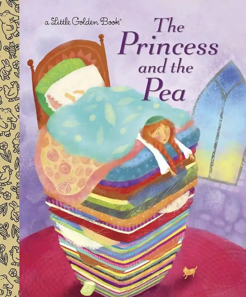 The cover of a Little Golden Book titled 'The Princess and the Pea' shows a princess with red hair peeking out from under a…