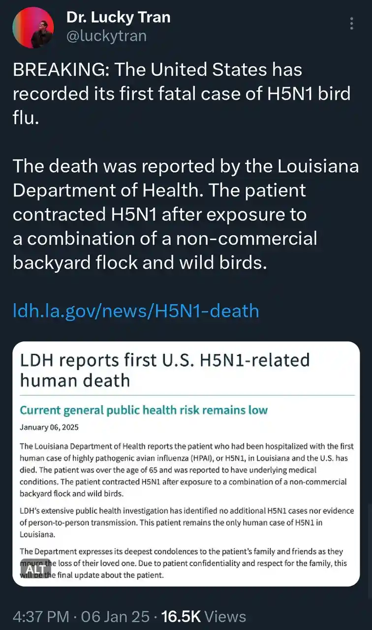 A screenshot of a social media post by Dr. Lucky Tran announcing a breaking news report from the Louisiana Department of…