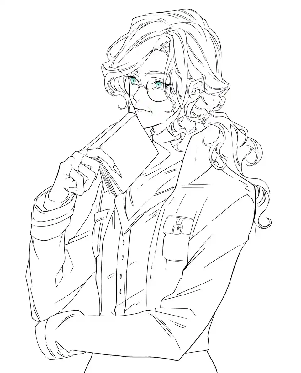 A black-and-white line art anime-style illustration of a person with curly hair and glasses, holding a book to their face…