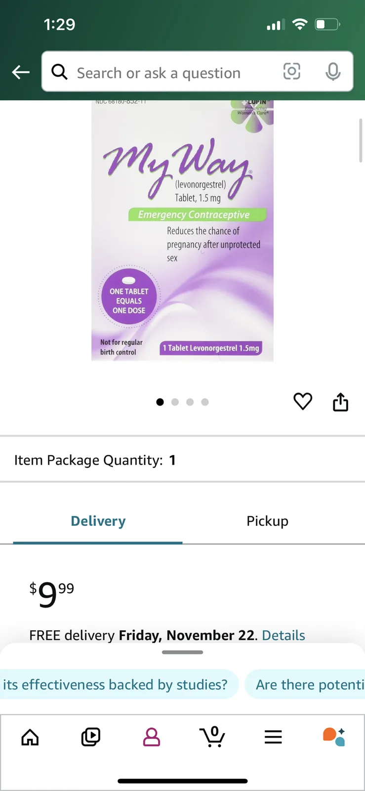 A screenshot of an online shopping app displaying a box of 'My Way' emergency contraceptive pills priced at $9.99. The…