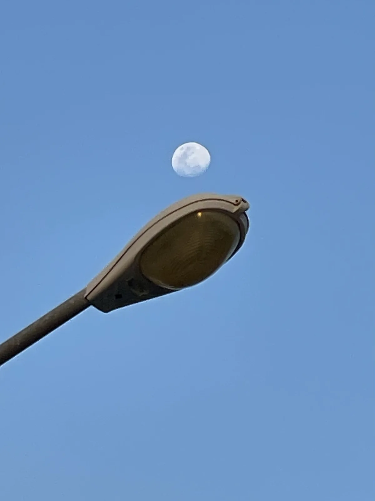 A streetlight is angled upward against a clear blue sky, with the moon visible directly above it, creating a visual pun. The…
