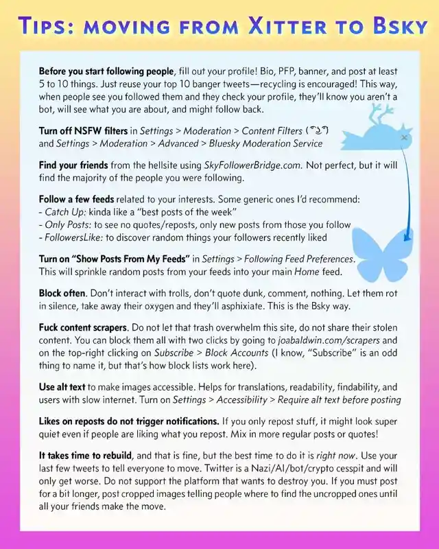 A guide titled 'Tips: moving from Xitter to Bsky' lists steps for transitioning from Twitter to the social network Bluesky…
