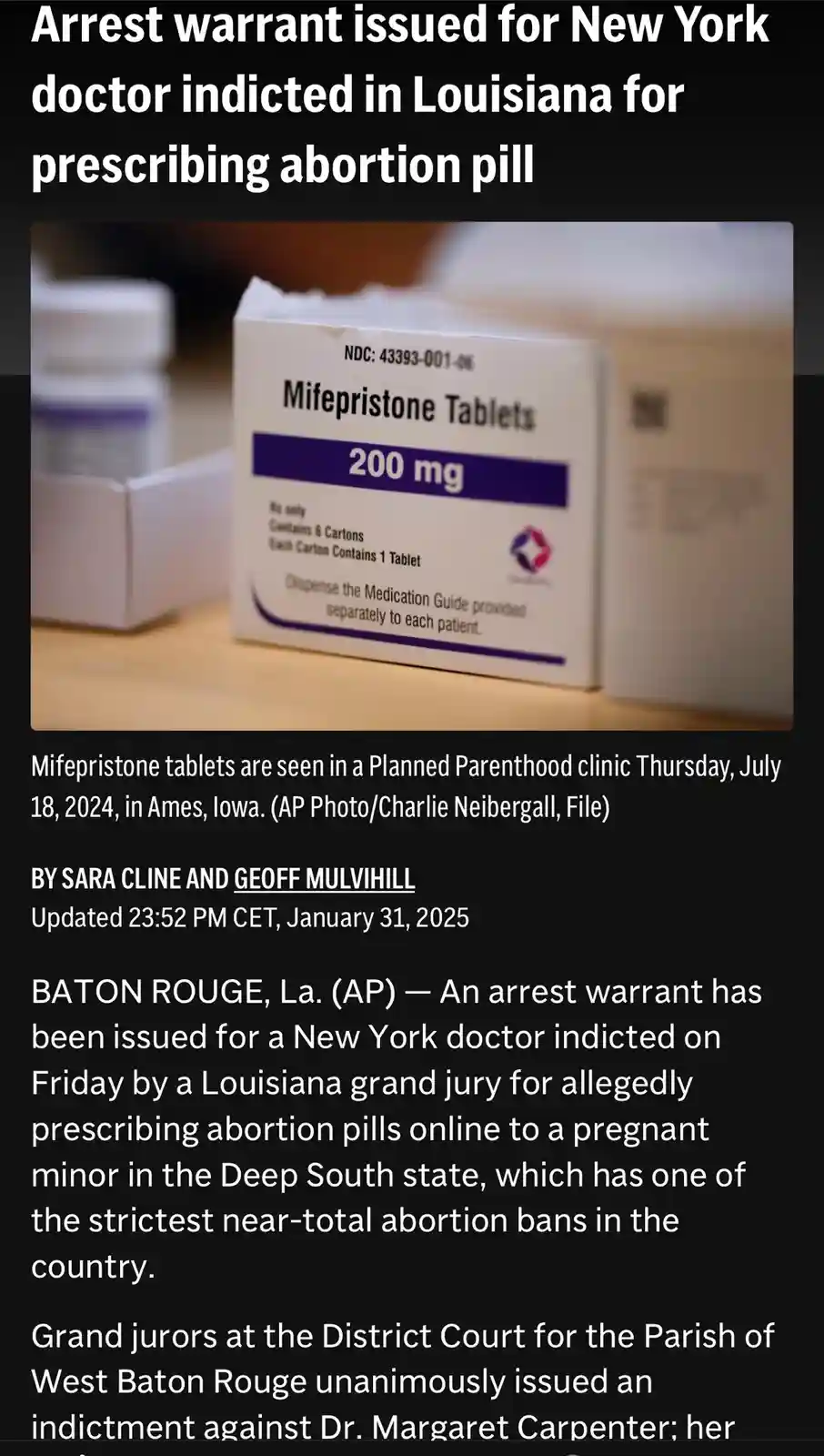 A news article screenshot shows a close-up of a white box labeled 'Mifepristone Tablets 200 mg' on a wooden surface. The…