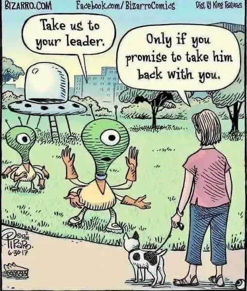 A cartoon depicts two green aliens with one eye each, standing in a park near a UFO, asking a woman holding a dog for…