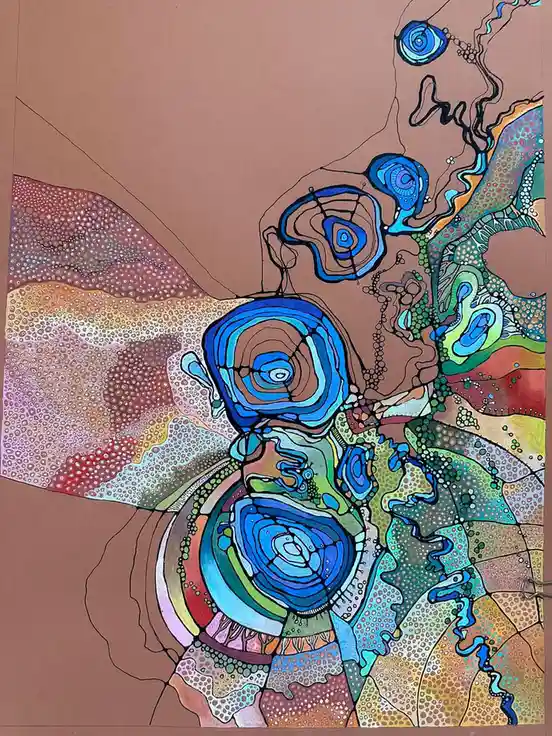 An abstract, colorful artwork featuring swirling patterns, concentric circles, and dotted textures in blues, greens, and…