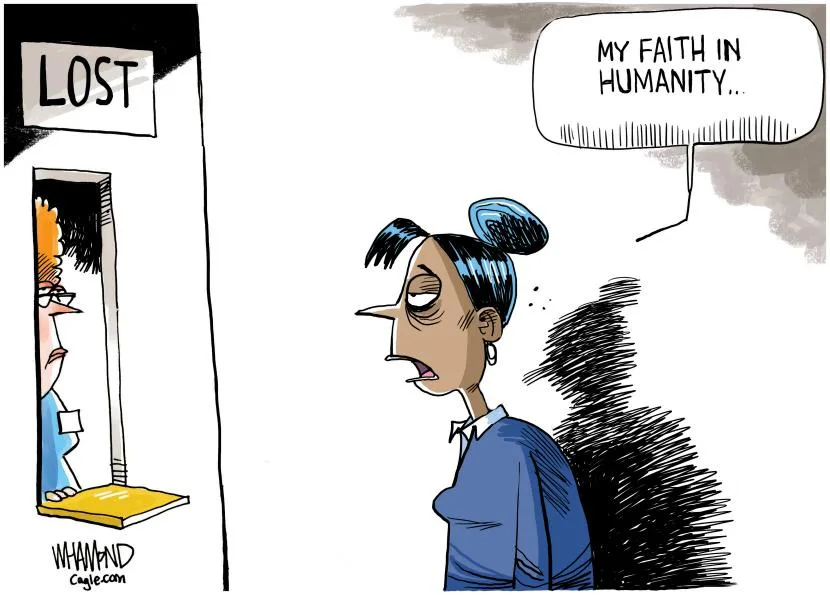 A cartoon depicts a woman with a weary expression and a dark cloud behind her, looking at a doorway labeled 'LOST' where a…