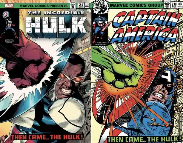 The image displays two side-by-side comic book covers: on the left, 'The Incredible Hulk' #21 variant featuring a muscular…