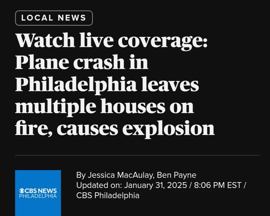 A screenshot of a CBS News Philadelphia local news headline with a black background and white text. The headline reads…