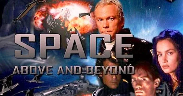 The image is a promotional poster for the TV show 'Space: Above and Beyond,' featuring four main characters against a…