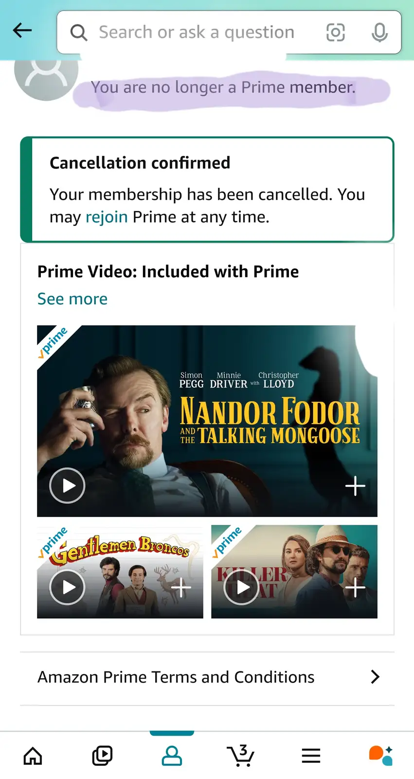 A screenshot of an Amazon Prime account page showing a 'Cancellation confirmed' message, with a purple highlight over the…