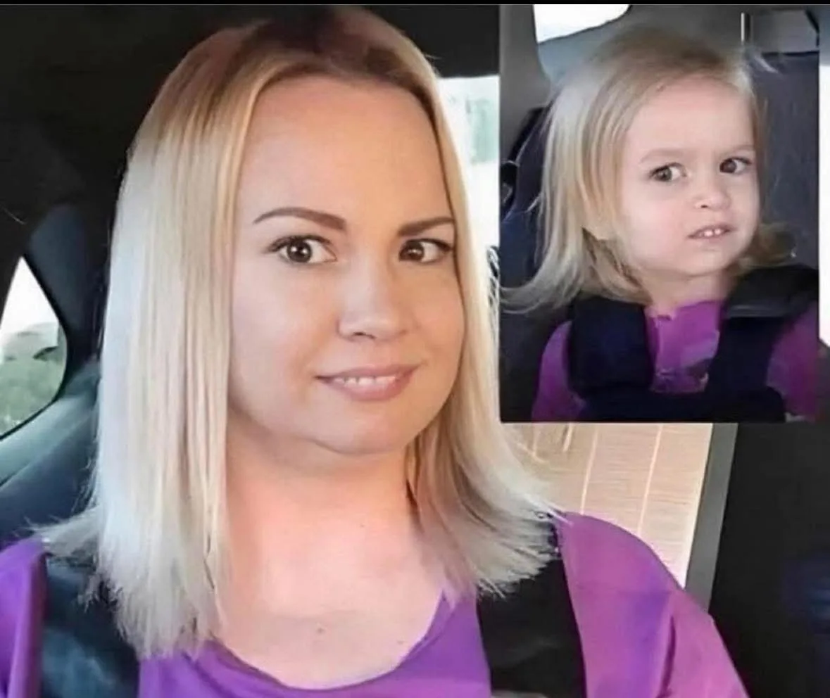 A woman with blonde hair and a purple shirt sits in a car seat, smiling slightly. In the top right corner, a smaller inset…