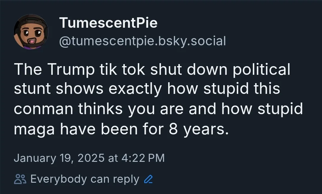 A screenshot of a social media post from a user named TumescentPie, featuring a dark background with white text. The post…