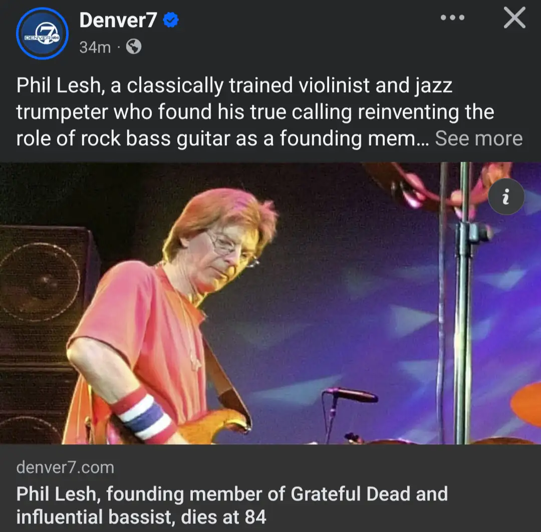 A screenshot of a social media post from 'Denver7' shows a photo of Phil Lesh, an older man with reddish hair and glasses…