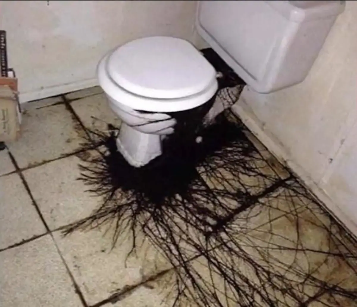 A white toilet in a tiled bathroom has a dark, viscous liquid leaking from its base, spreading across the floor in chaotic…