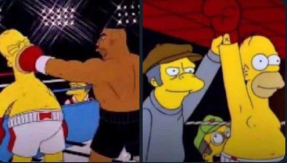 The image is a split-screen from The Simpsons. On the left, Homer Simpson is shown getting punched in the face by a boxer in…