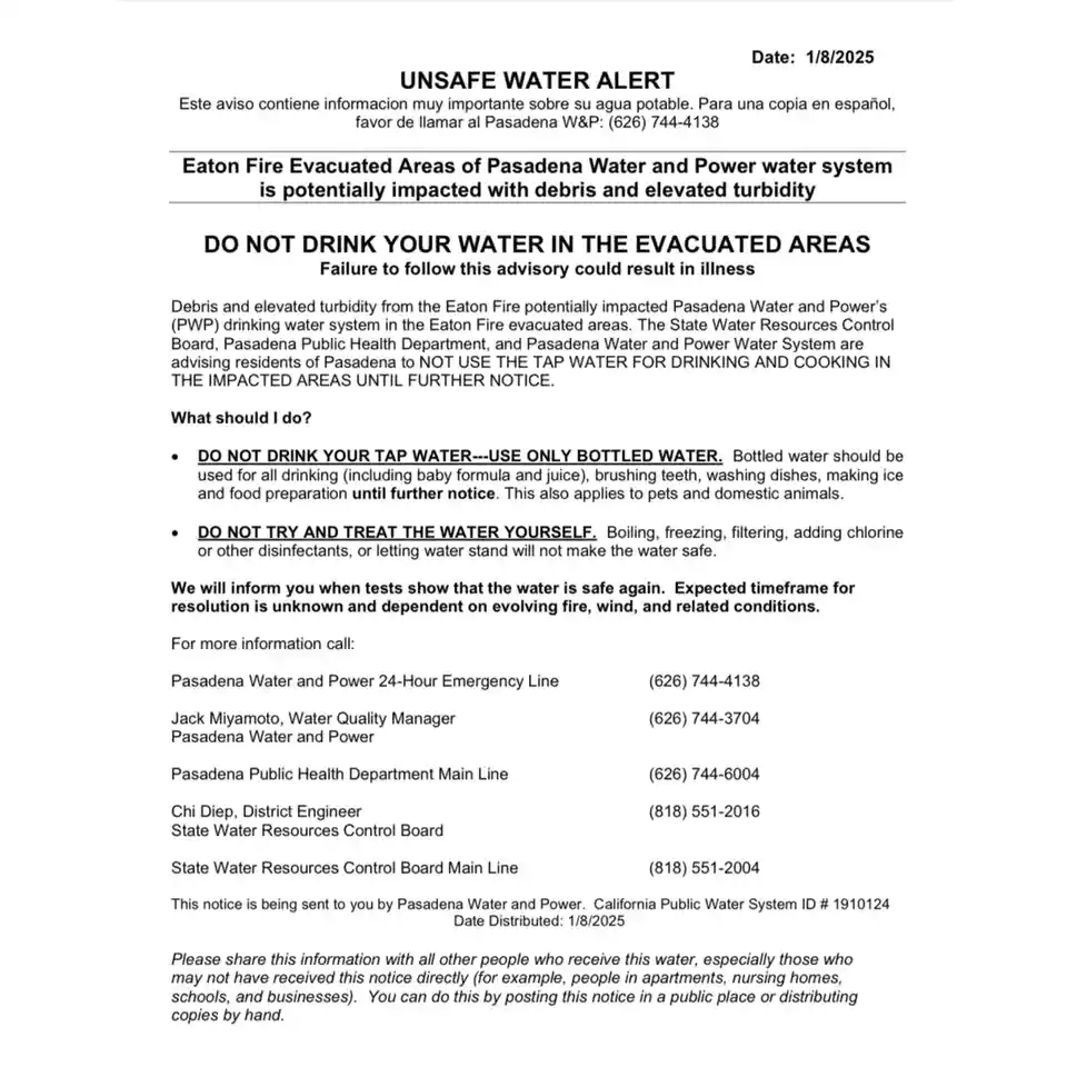Important Alert: Unsafe Water in Pasadena