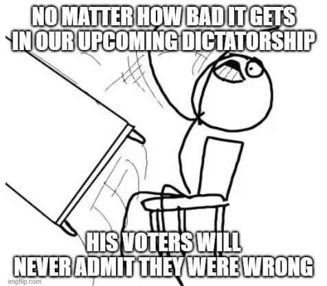 A black-and-white cartoon drawing shows a stick figure with a wide, manic grin sitting in a chair, leaning back with arms…