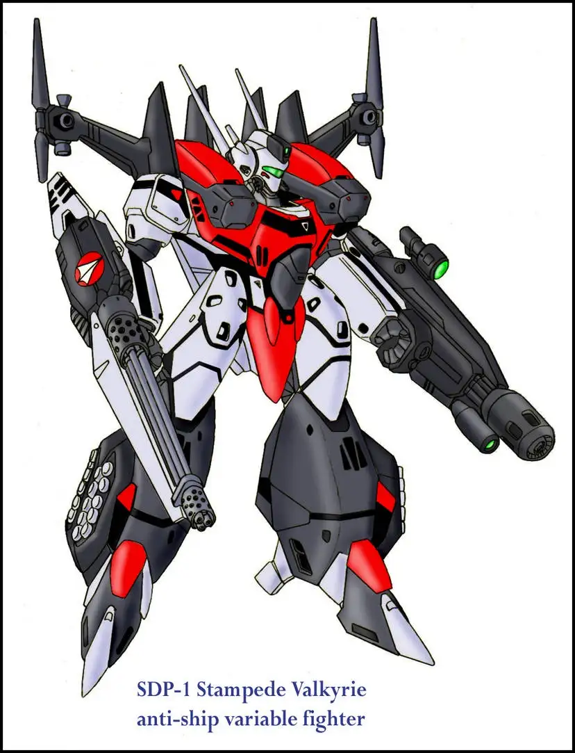 A red, white, and black anime-style mecha robot stands in a dynamic pose, wielding two large weapons, one resembling a rifle…