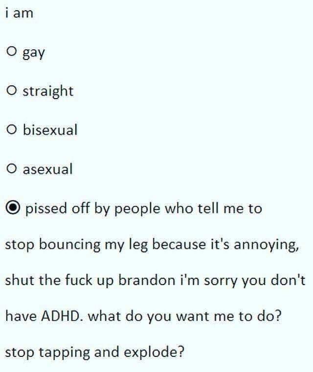 A text-based meme showing a mock survey with options for sexual orientation, where the last option is selected: 'pissed off…