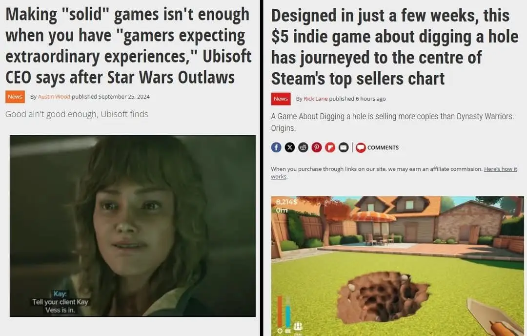The image is a side-by-side comparison of two news articles. The left shows a screenshot from a Star Wars Outlaws scene with…