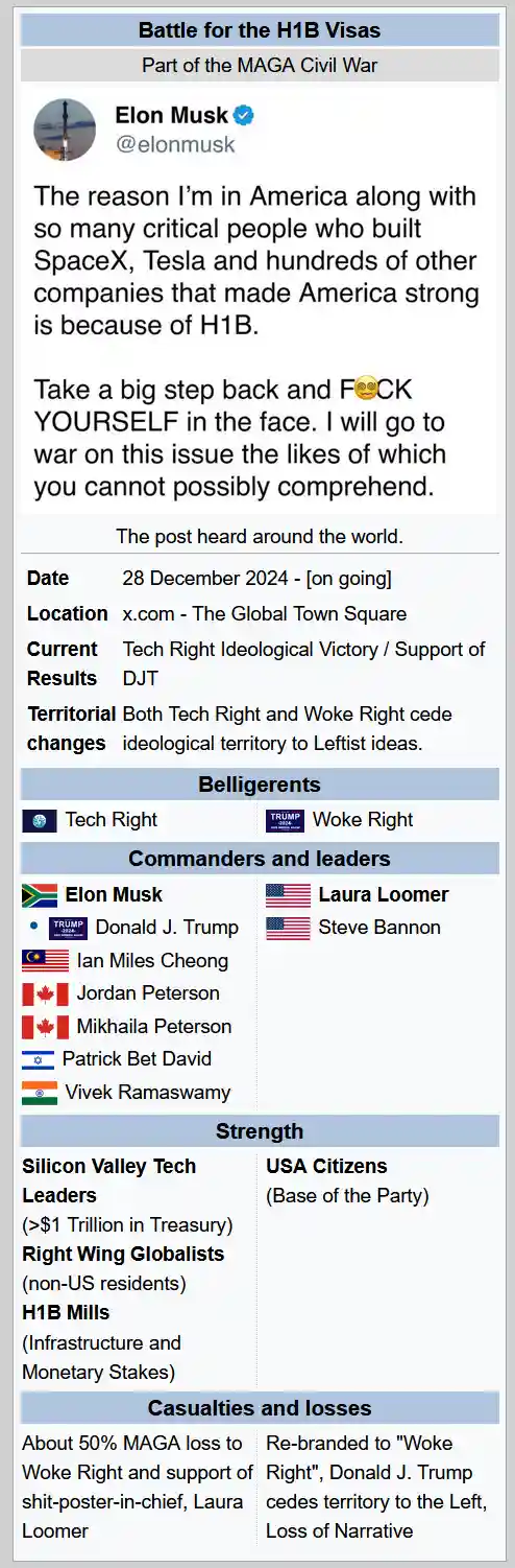 A mock military battle report titled 'Battle for the H1B Visas' with 'Elon Musk' as the commander. The report details a…